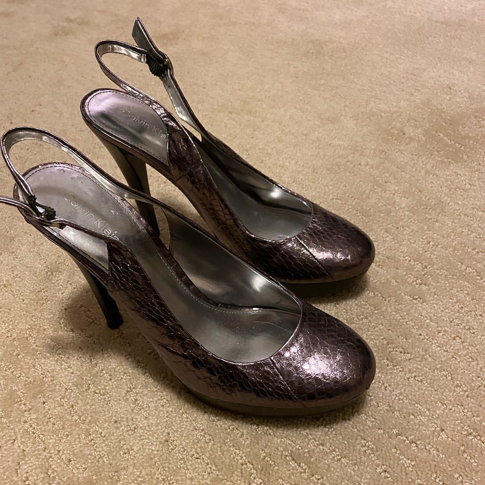 Calvin Klein Deena Metallic Silver Slingback Heels, 7.5